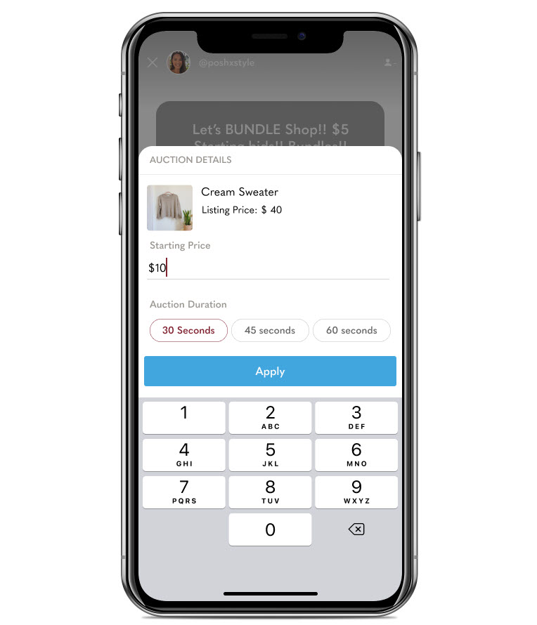 Poshmark Live Auction settings
